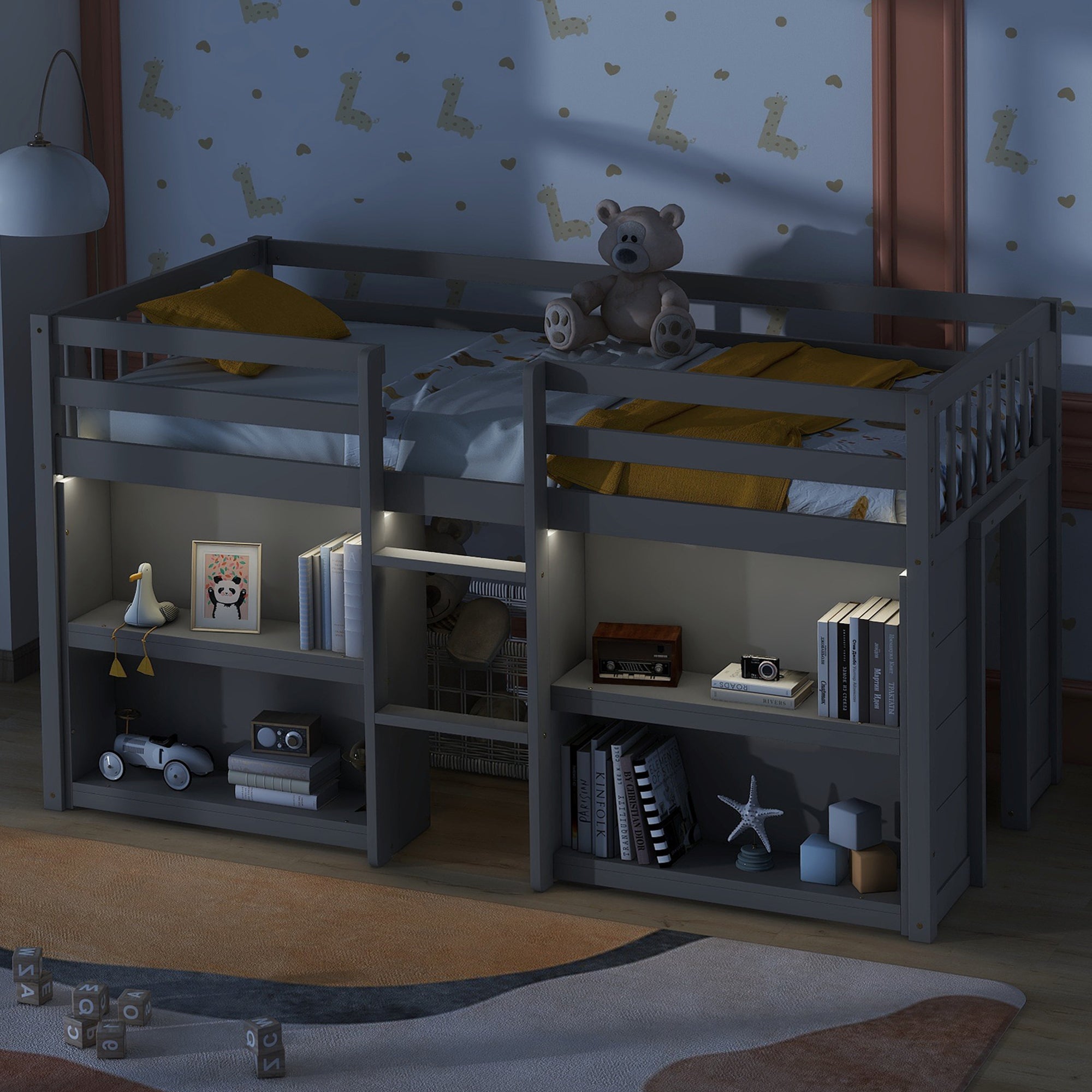 Twin Size Kid Low Loft Bed With Two-Tier Shelves