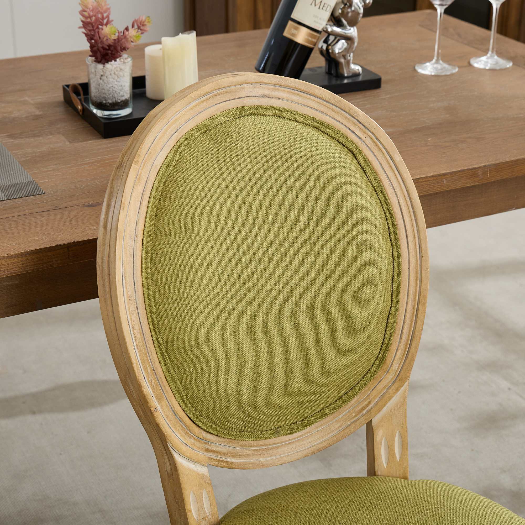 French Style Solid Wood Frame Linen Fabric Back Dining Chair (Set of 2)