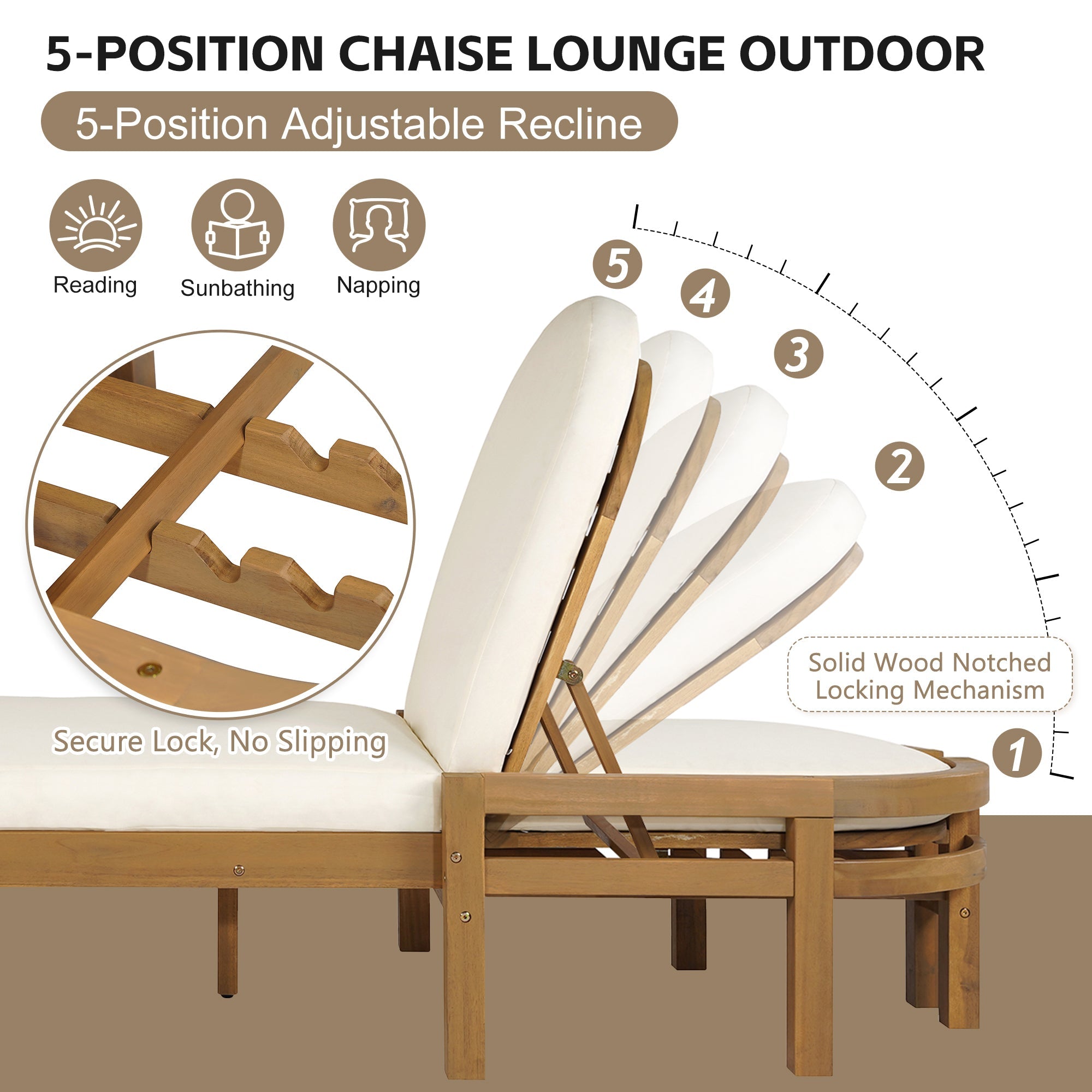 Acacia Wood Chaise Lounge Chairs 5-Position Adjustable Backrest for Patio Poolside