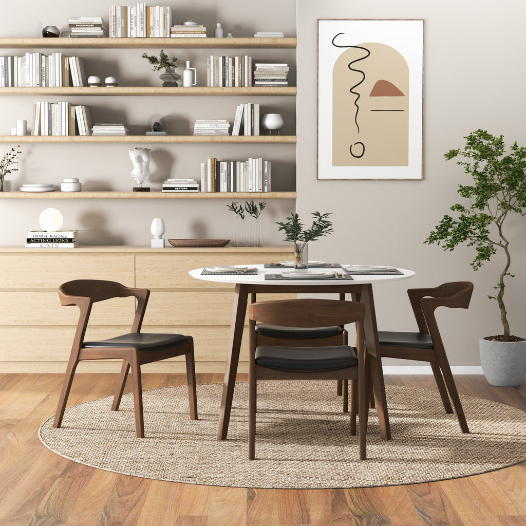 Mid-Century Solid Wood Dining Chair Set with Black Leather Upholstery (Set of 2)