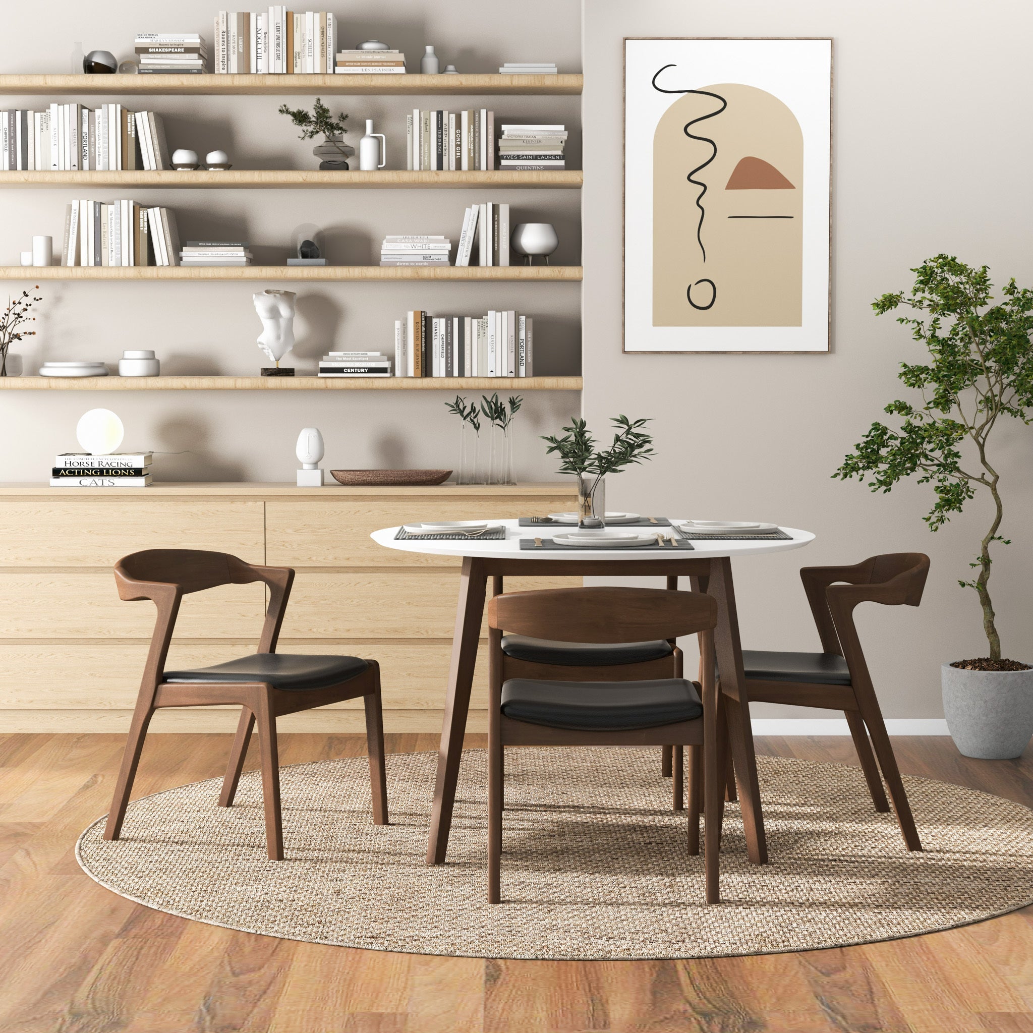 Mid-Century Solid Wood Dining Chair Set with Black Leather Upholstery (Set of 2)