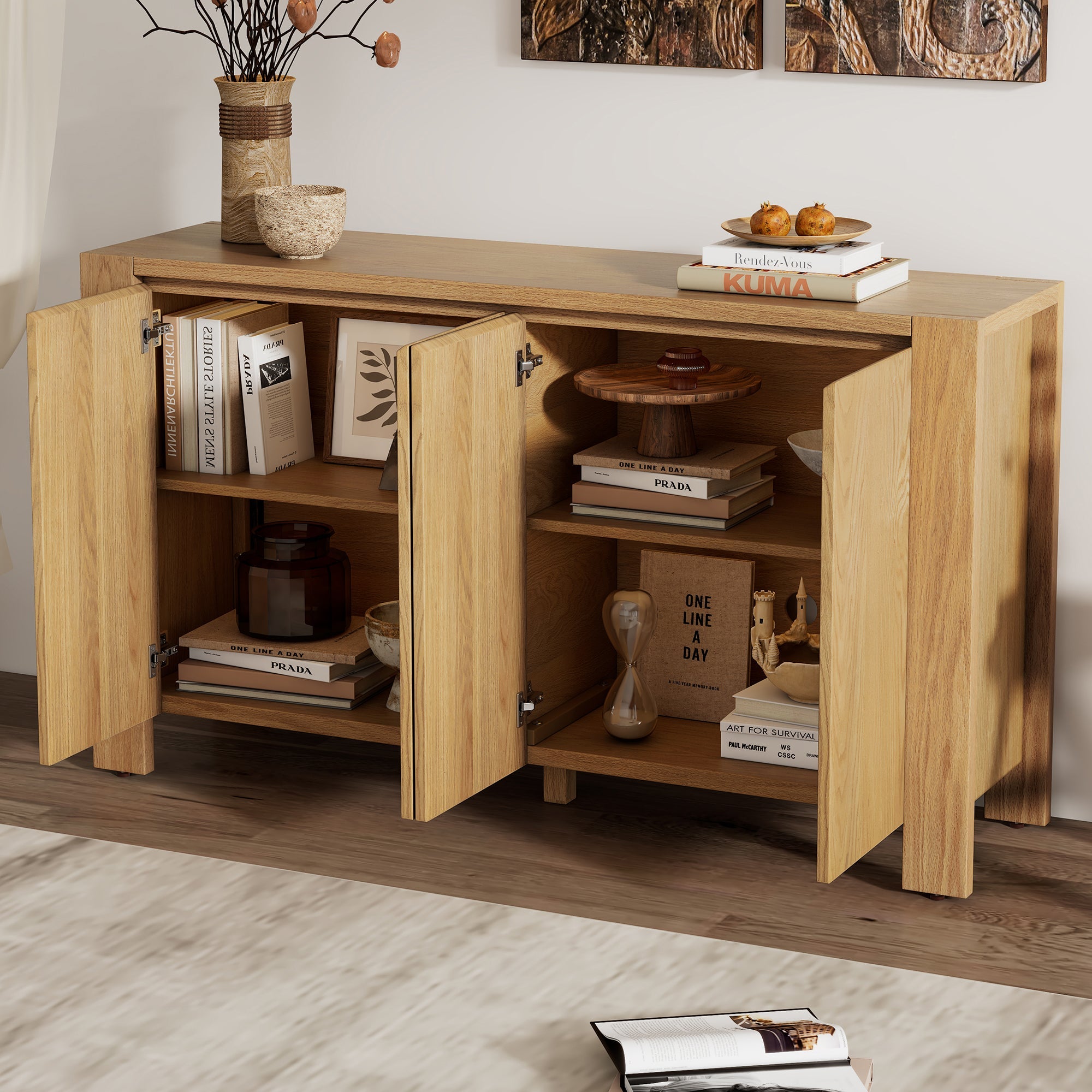 4-Door Retro Wood Buffet Cabinet with Storage