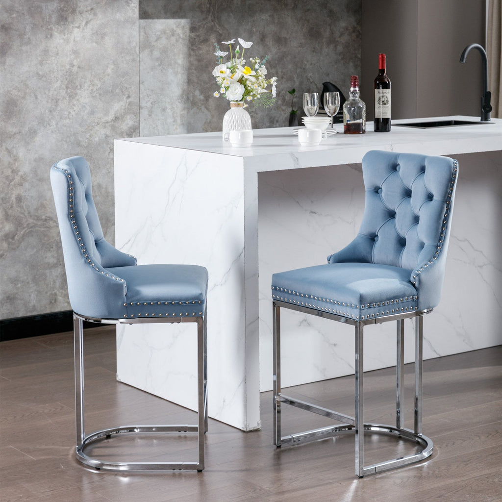 Luxury Elegant Nailhead Trim Tufted Velvet Bar Stools (Set of 2)