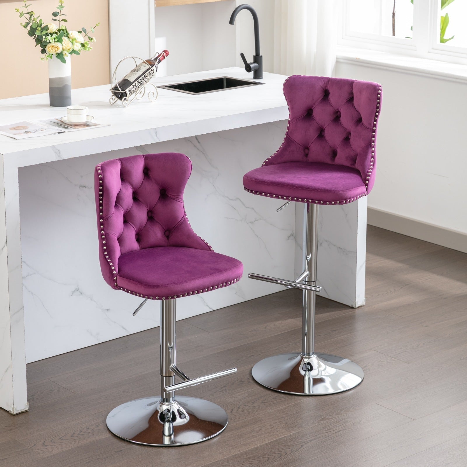 25-33 Inch Modern Velvet Swivel Barstools (Set of 2)