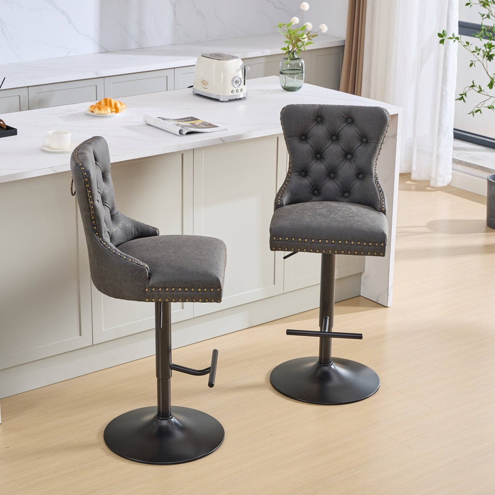 Aged and Retro PU Swivel Barstools Adjusatble Seat Height (Set of 2)