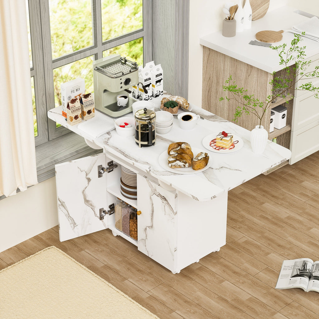 Versatile 47' White Marble MDF Folding Dining Table with Storage Rack and Cabinet