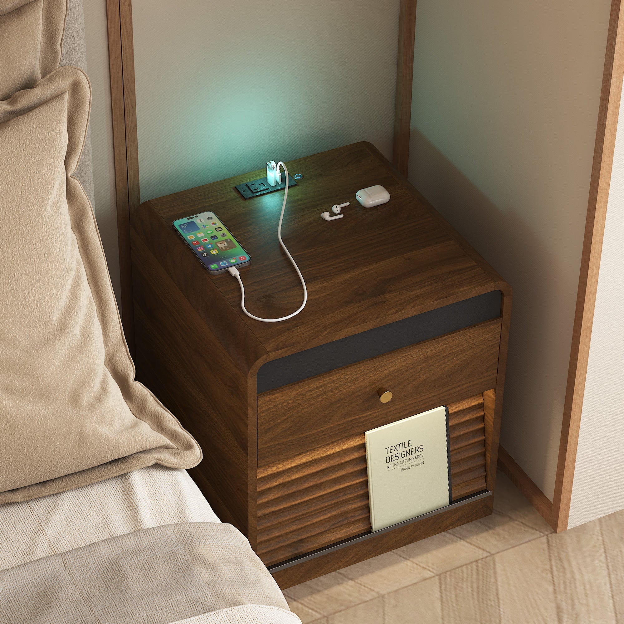 Smart Nightstand with Charging Station & Voice-Controlled LED Lights