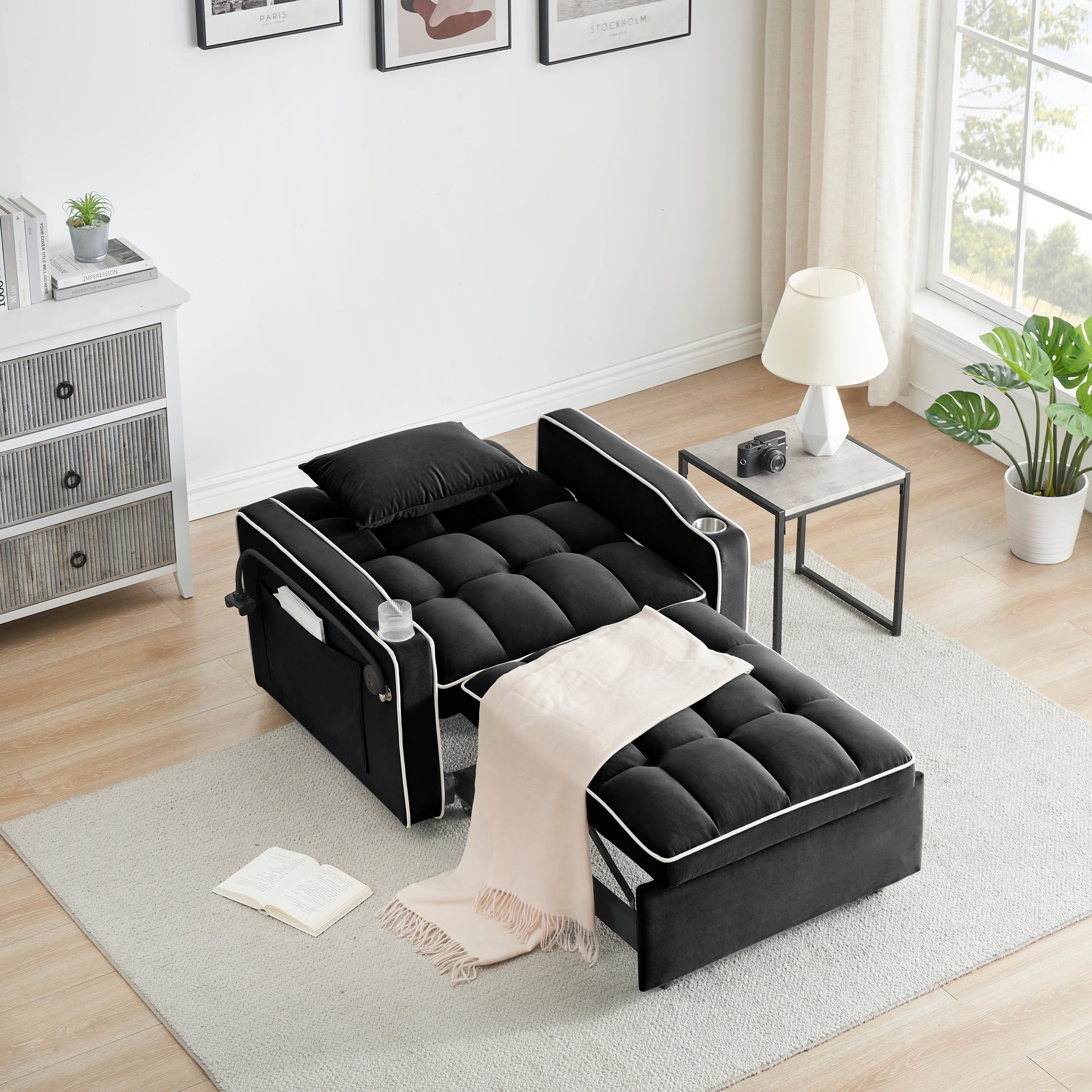 Velvet Foldable Sofa Bed Adjustable Back with USB, Ashtray & Phone Stand