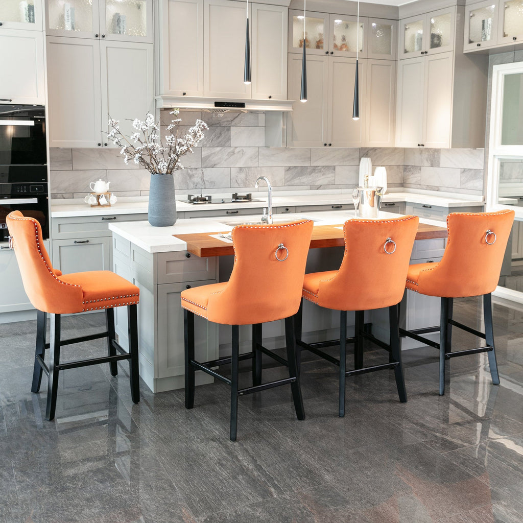 Contemporary Velvet Upholstered Barstools with Button Tufted Decoration (Set of 2)