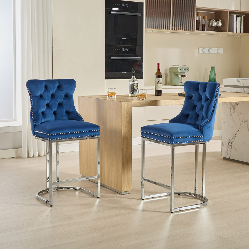 Luxury Elegant Nailhead Trim Tufted Velvet Bar Stools (Set of 2)
