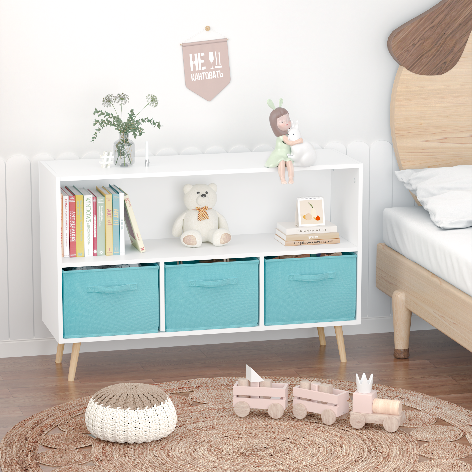 Children's Book Display Kids Bookcase with 3 Fabric Bins