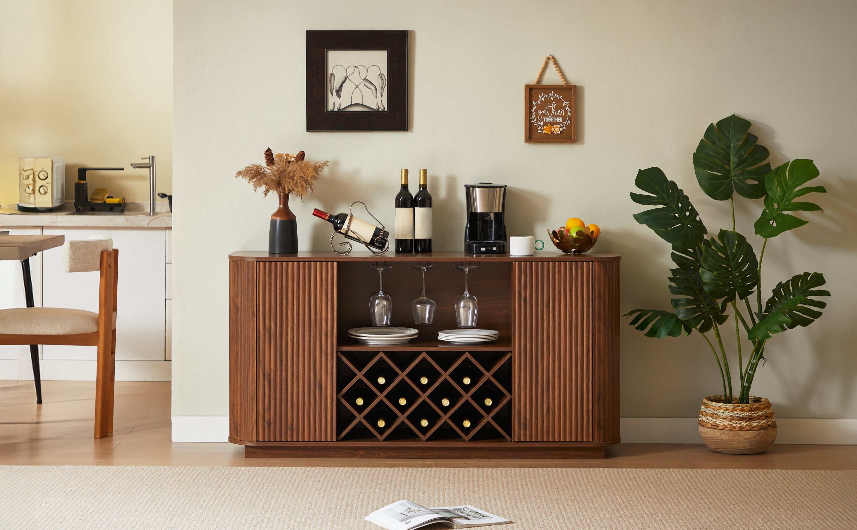 58' Wavy Curve Sideboard-Multifunctional Cabinet with Wine Storage
