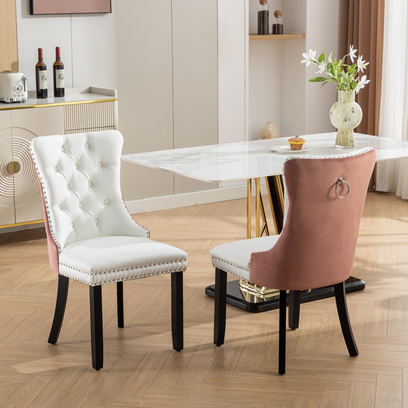 Tufted Solid Wood PU Upholstered Dining Chair with Wood Legs (Set of 2)