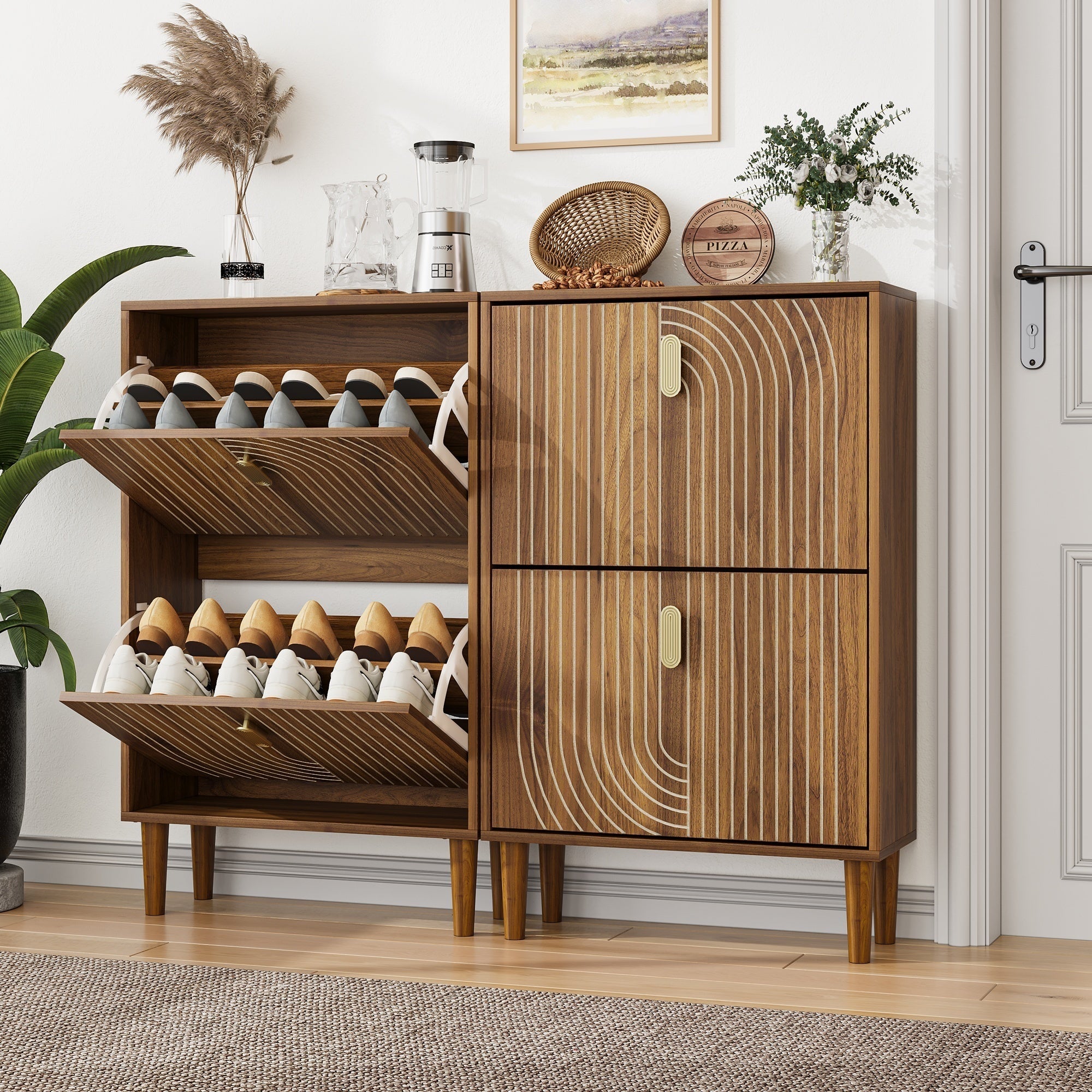 Modern Minimalist Shoe Storage Cabinet with 2 Flip Drawers