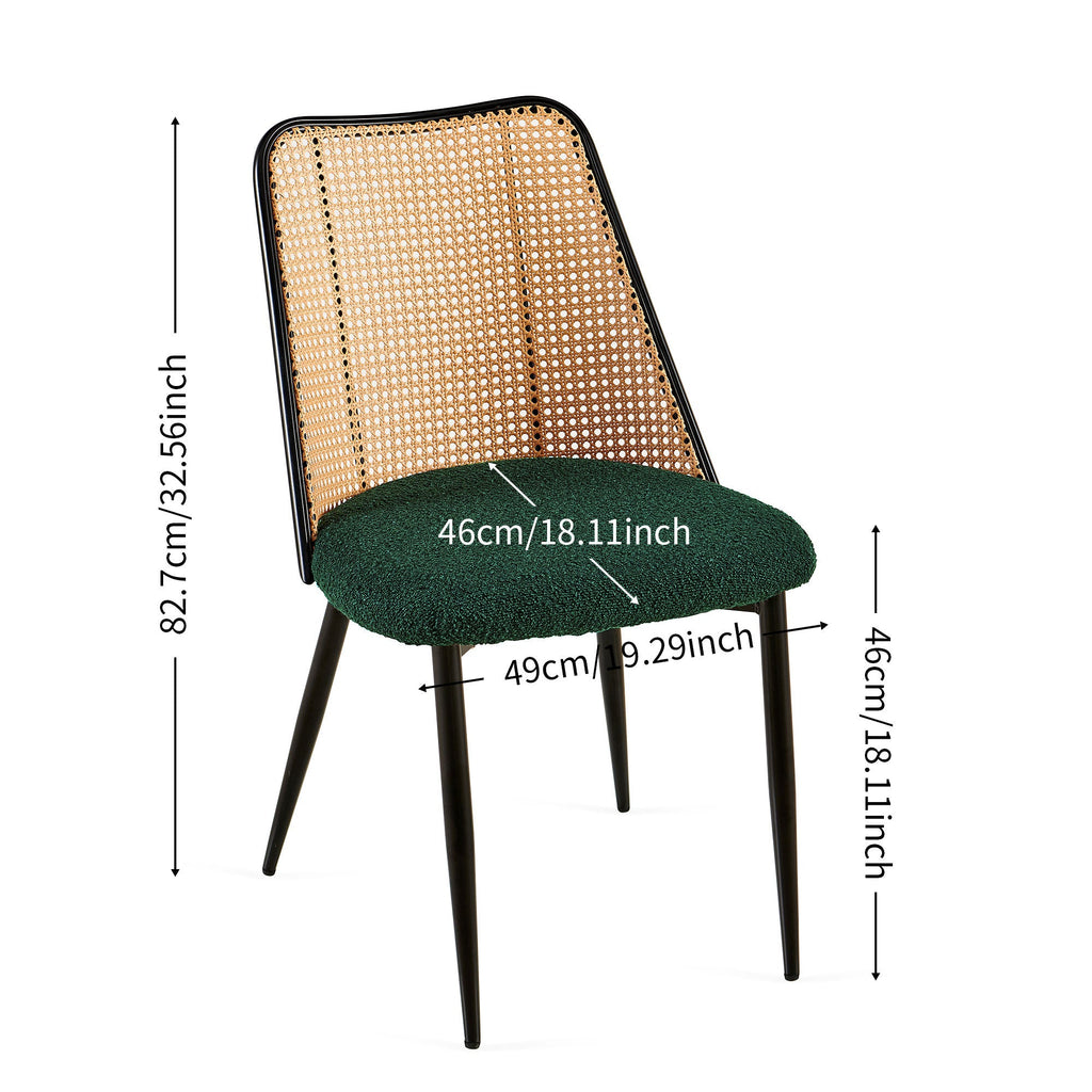 Green Rattan Boucle Dining Chairs with Natural Cane Back (Set of 2)