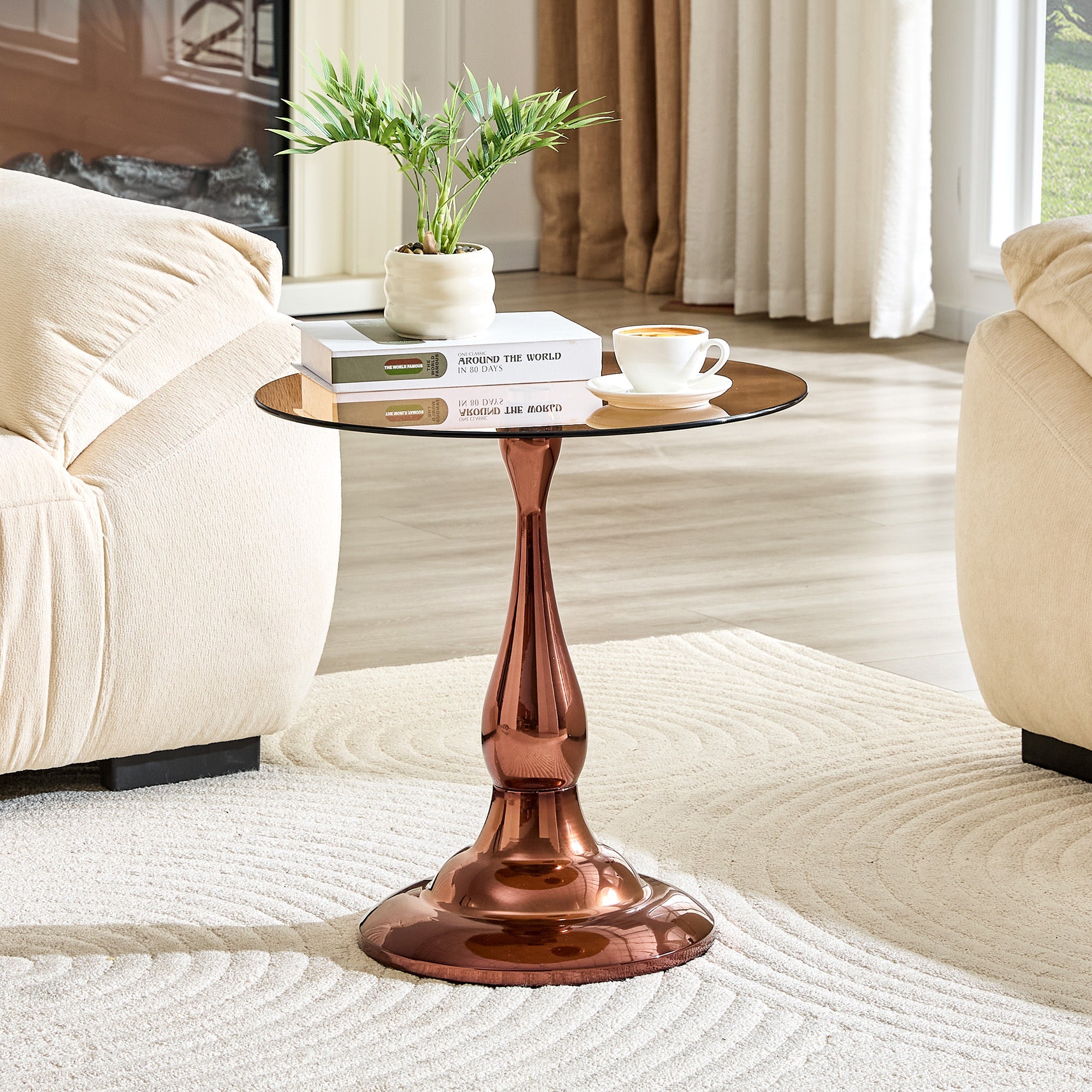 20" Small Luxury Metal Round Side Table with a Glass Top