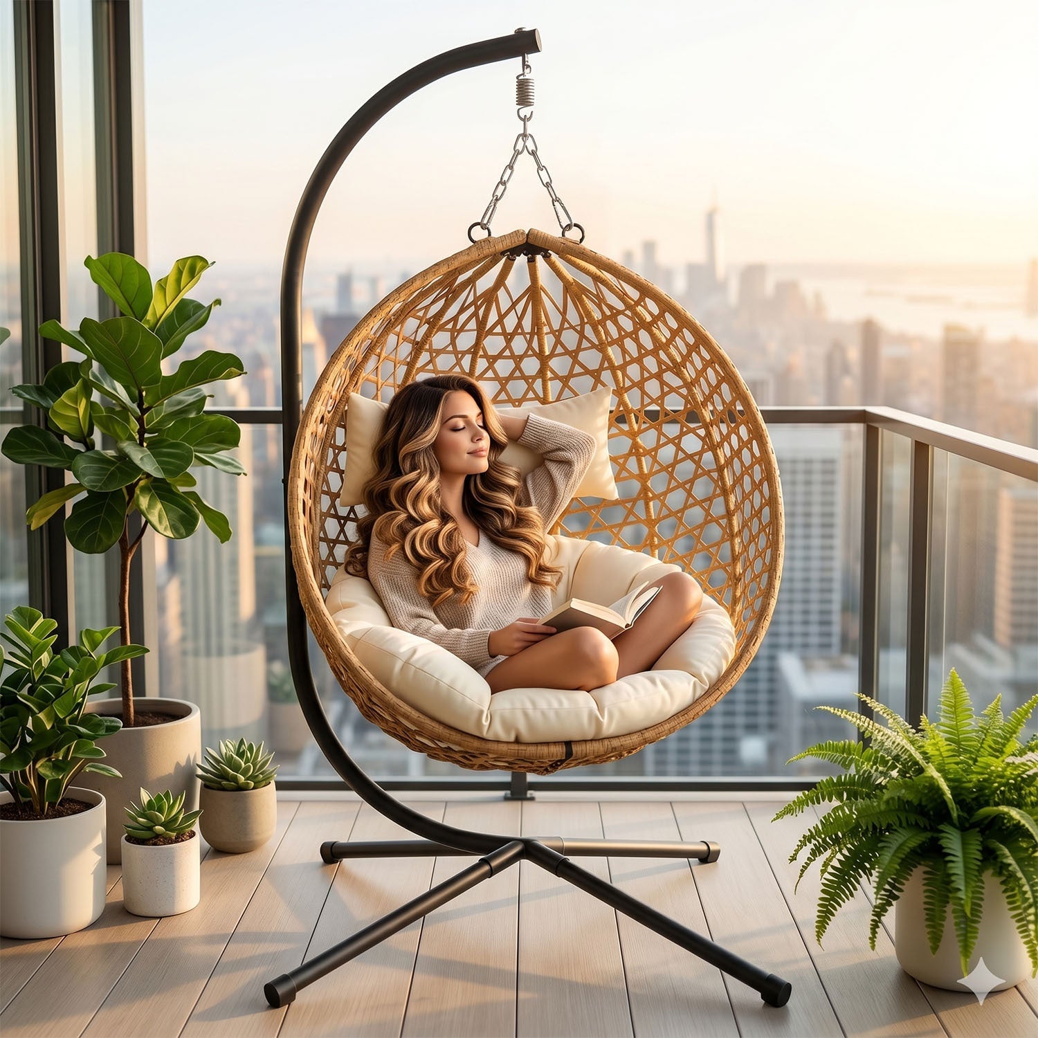 Folding PE Rattan Hanging Egg Chair with Aluminum Steel Frame