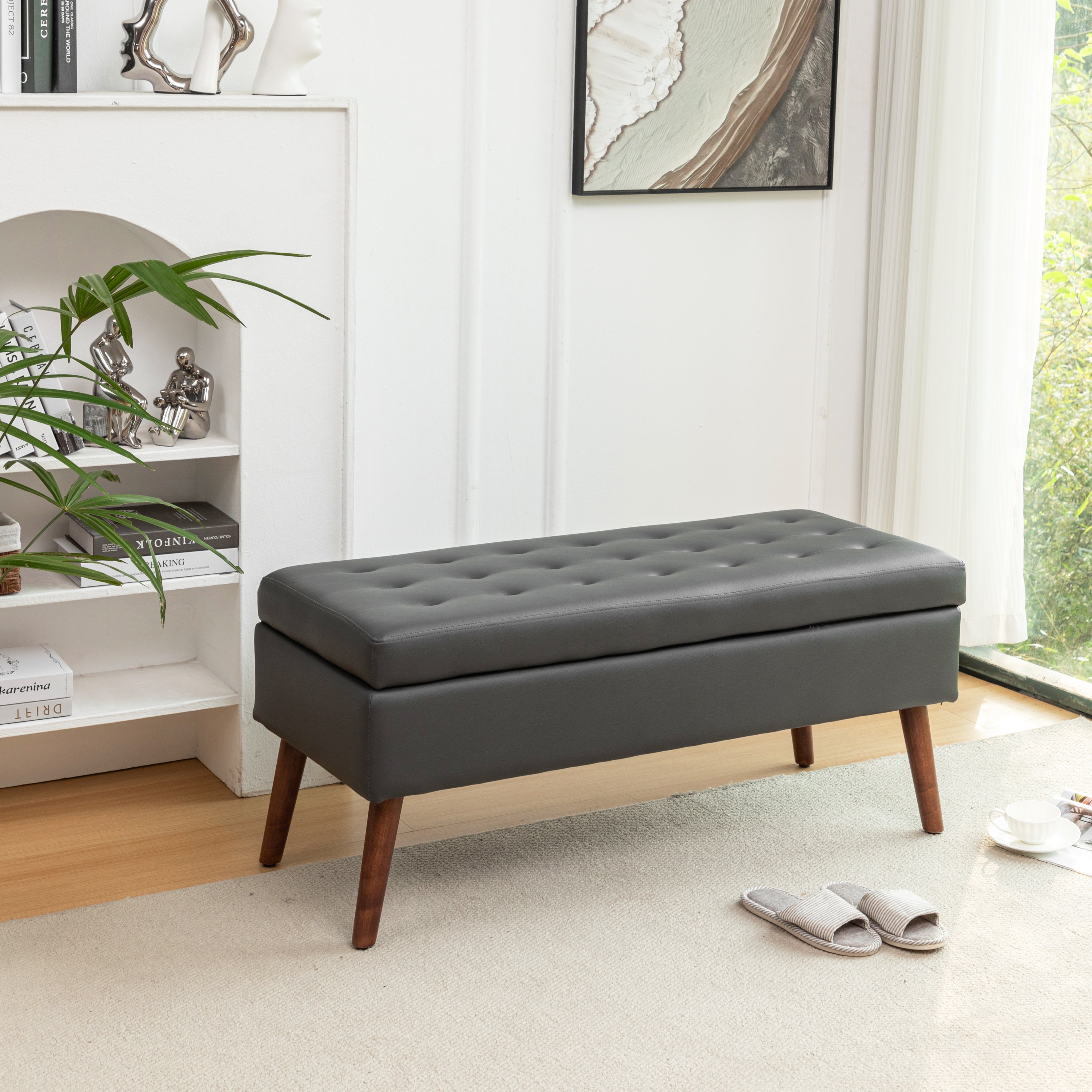 Brown PU Leather Storage Bench