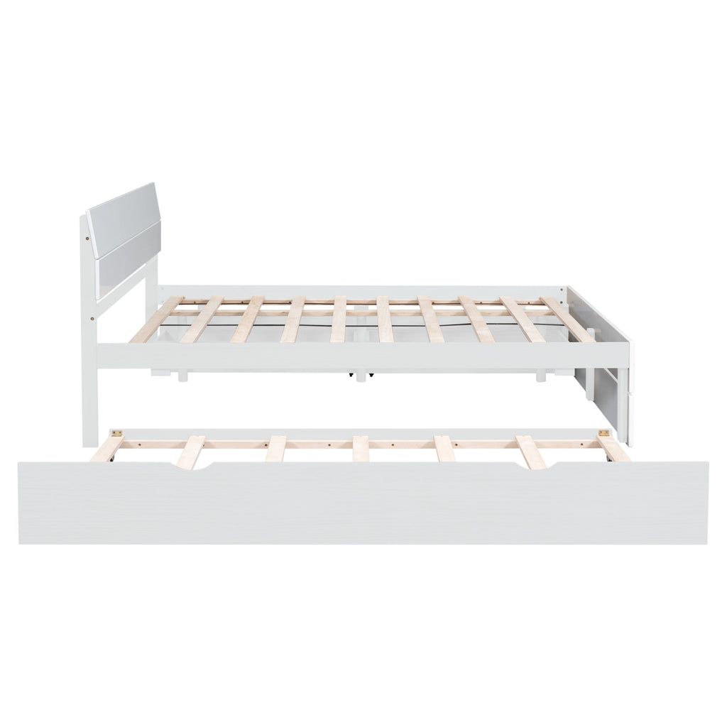 Modern Full Size Bed Frame with Twin Size Trundle and 2 Drawers