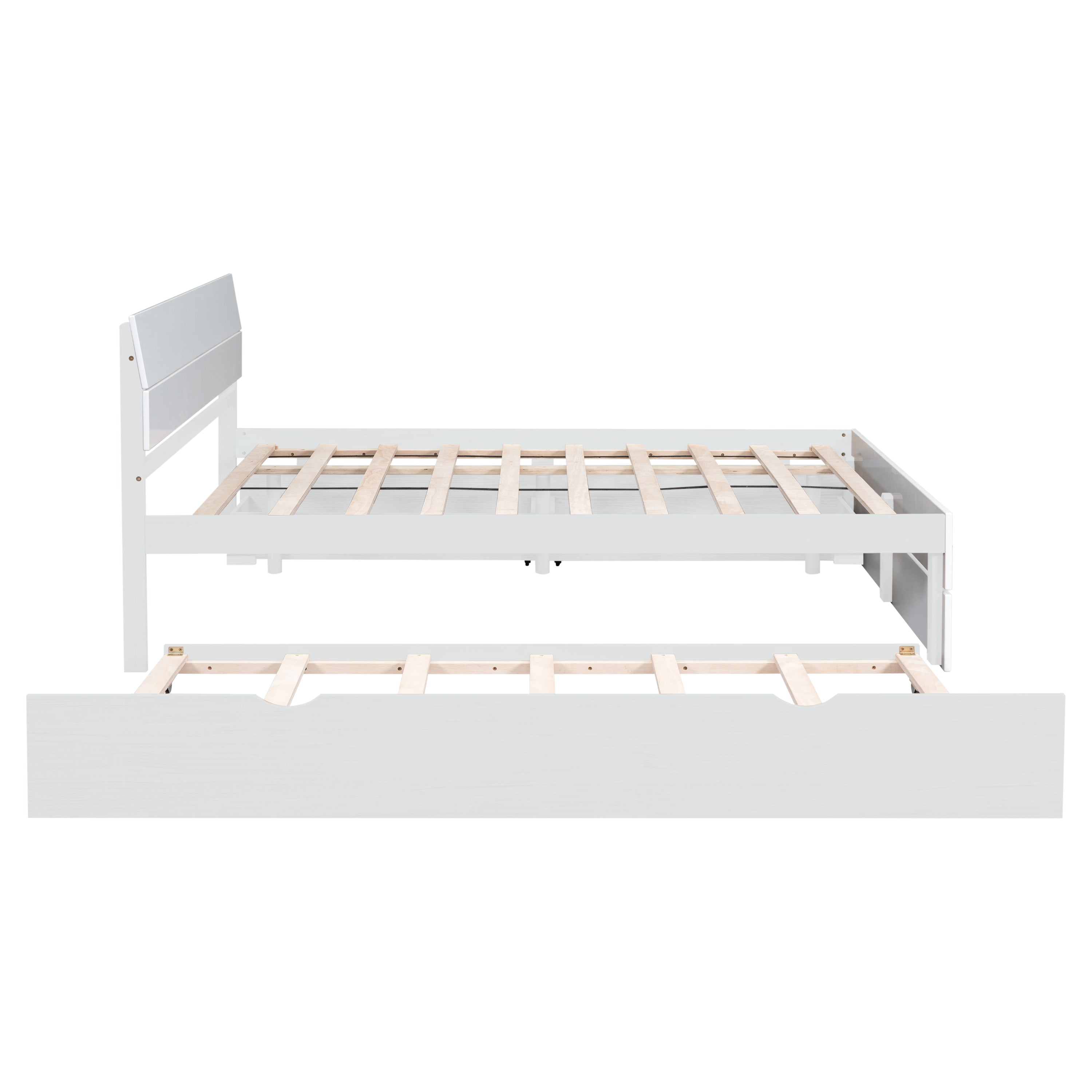 Modern Full Size Bed Frame with Twin Size Trundle and 2 Drawers