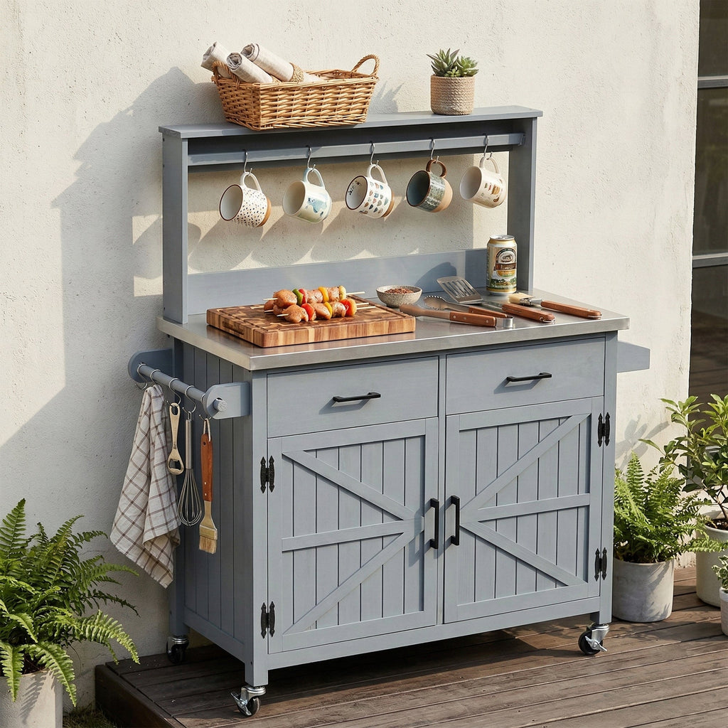 54.1" Outdoor Kitchen Island with High Shelf, Stainless Steel Top & Storage Cabinet