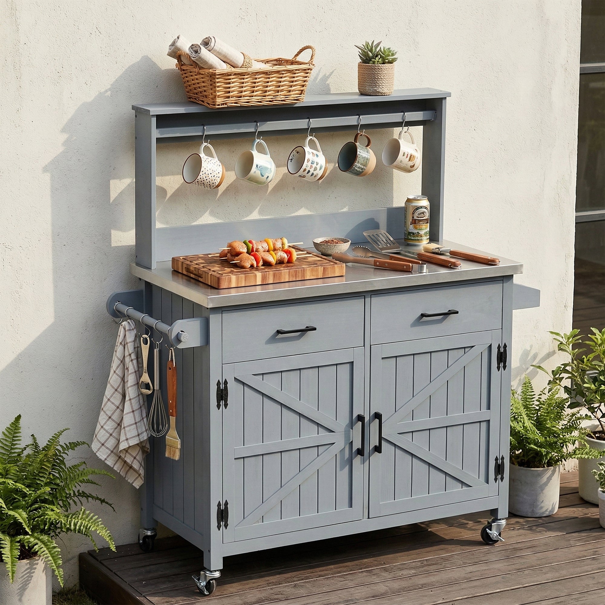 54.1" Outdoor Kitchen Island with High Shelf, Stainless Steel Top & Storage Cabinet
