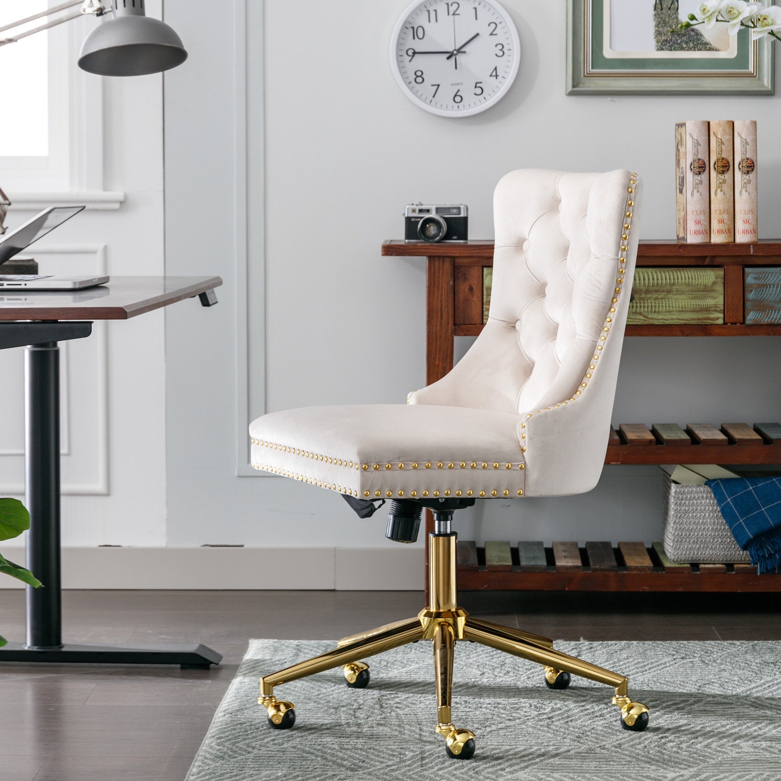 Adjustable Velvet Upholstered Tufted Button Home Office Chair