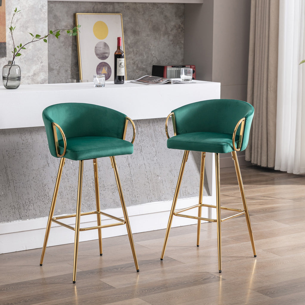 Velvet Bar Stools with Chrome Footrest and Base（Set of 2)
