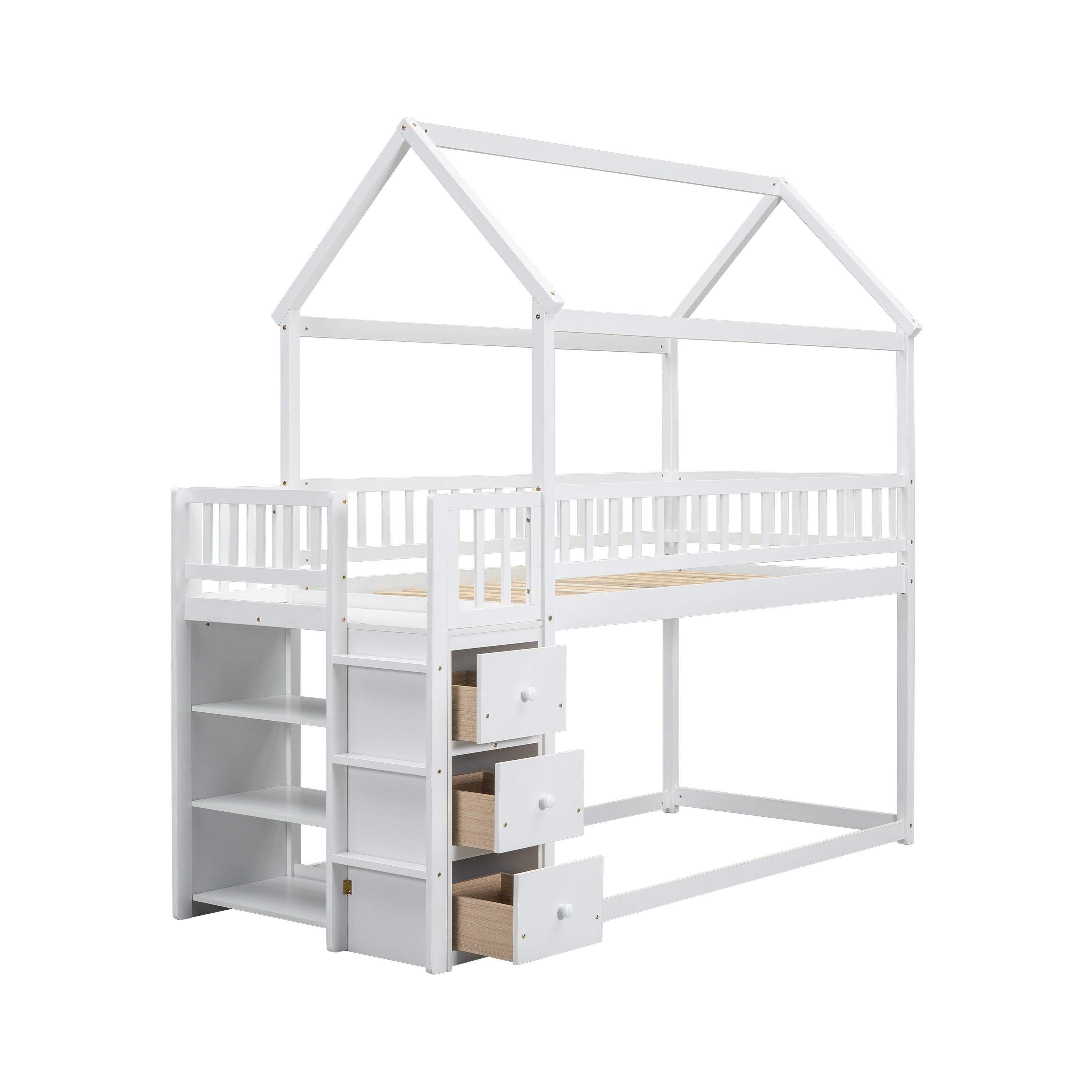 Twin House Bunk Bed with Shelves and Drawers