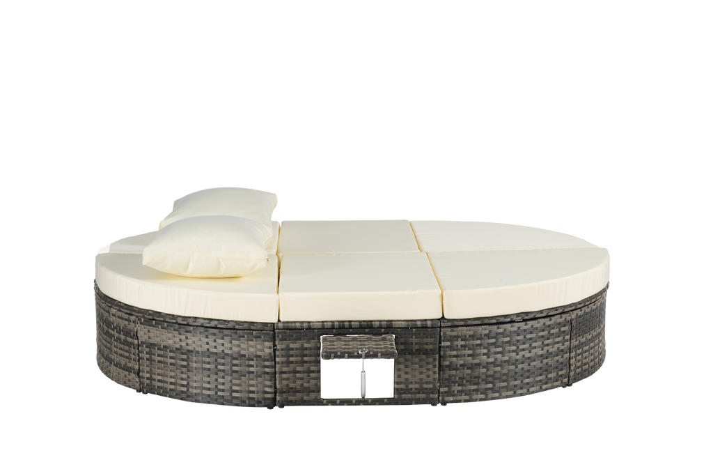 Round outdoor patio daybed with adjustable backrests foldable cup trays and cushioned wicker design ideal for backyard and poolside lounging