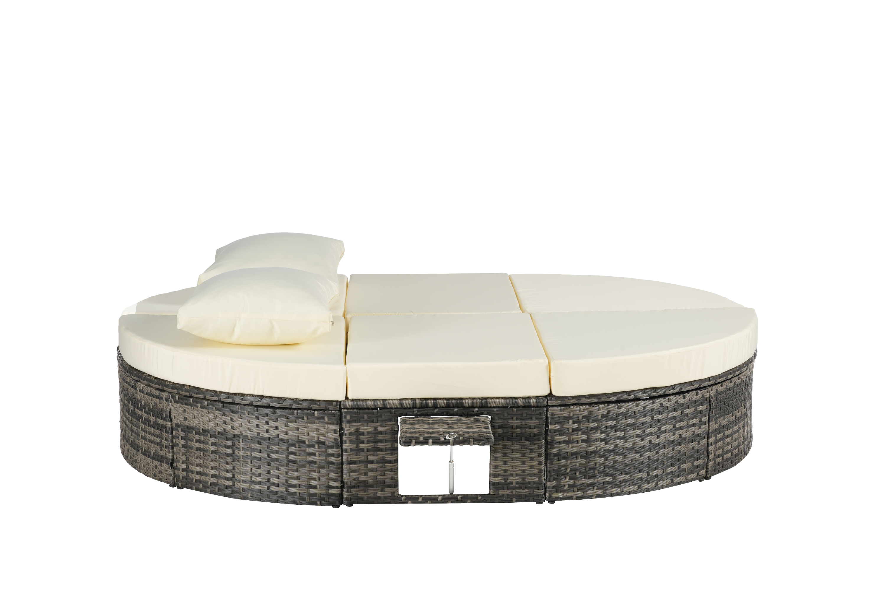 Round outdoor patio daybed with adjustable backrests foldable cup trays and cushioned wicker design ideal for backyard and poolside lounging