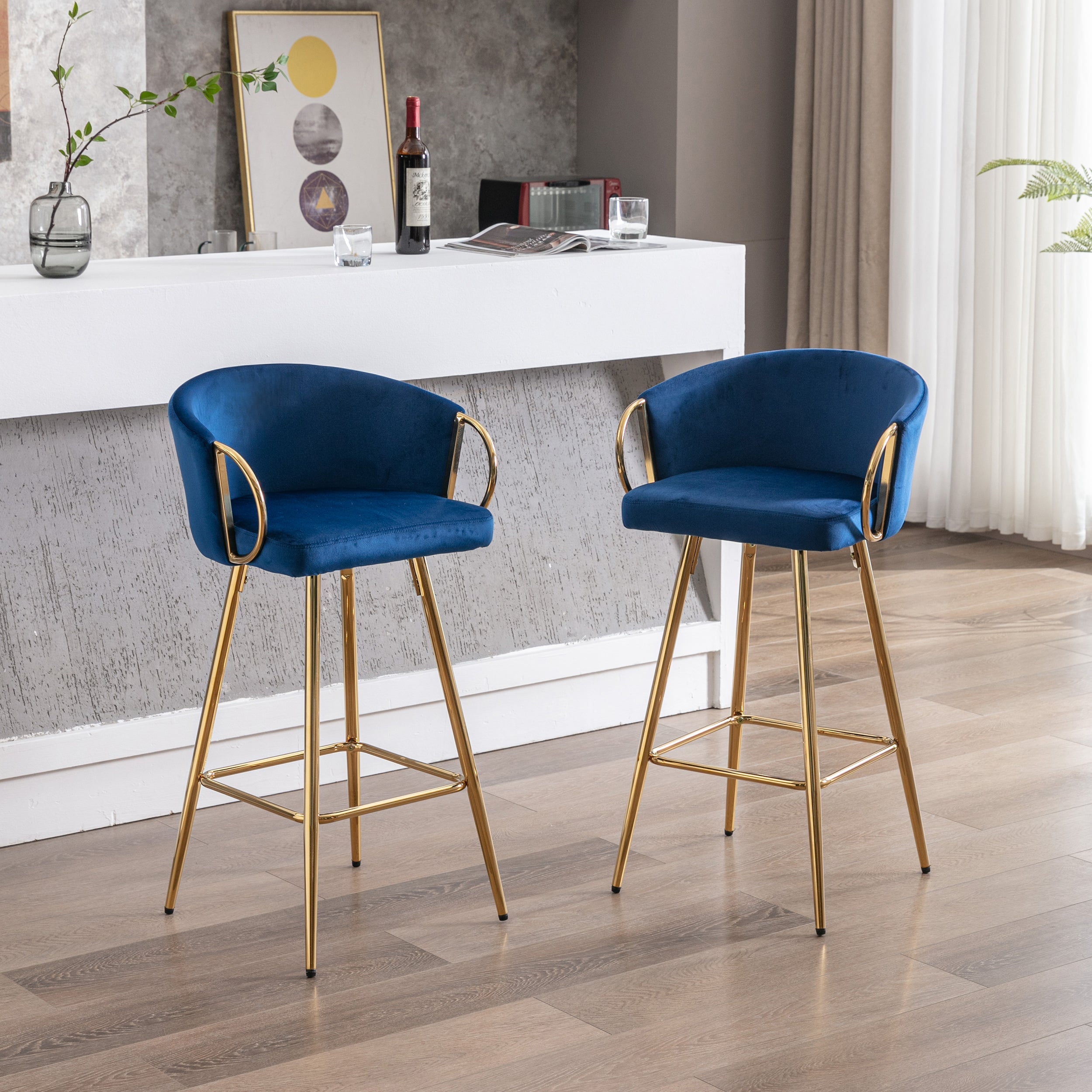 Velvet Bar Stools with Chrome Footrest and Base（Set of 2)