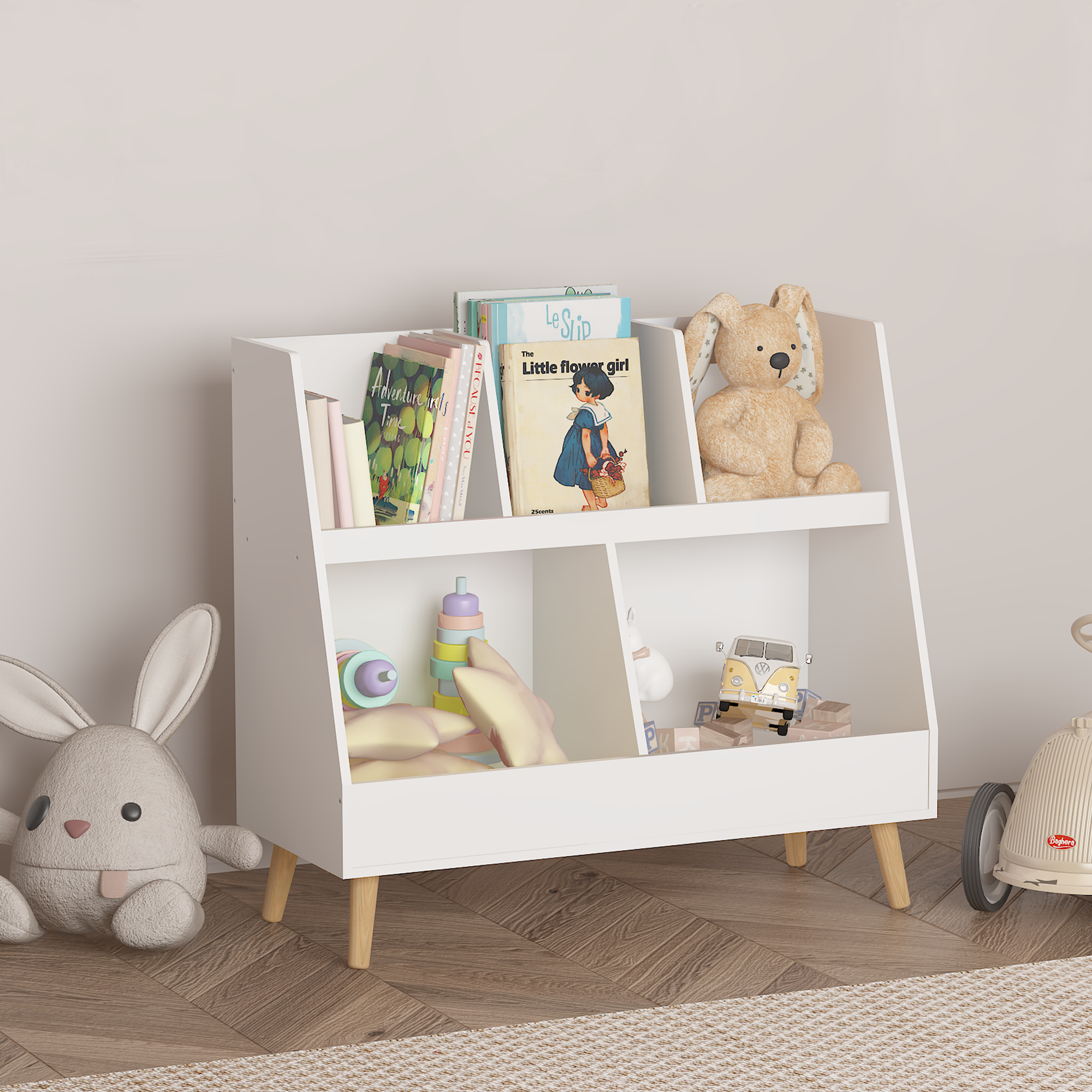 Modern Kids Bookshelf and Toy Organizer with White MDF and Pine Legs