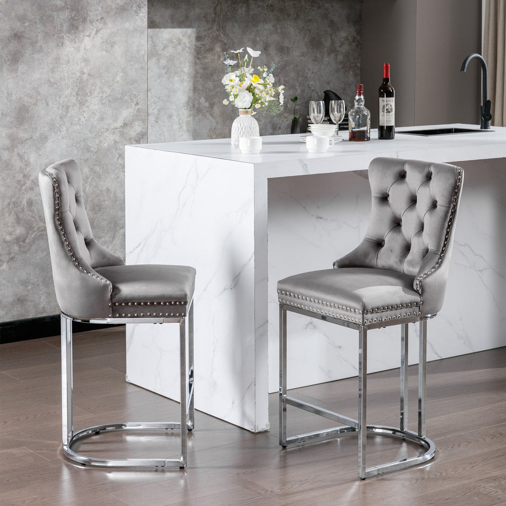 Luxury Elegant Nailhead Trim Tufted Velvet Bar Stools (Set of 2)