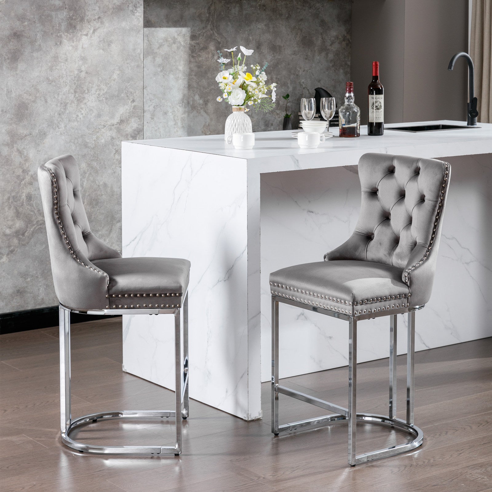 Luxury Elegant Nailhead Trim Tufted Velvet Bar Stools (Set of 2)