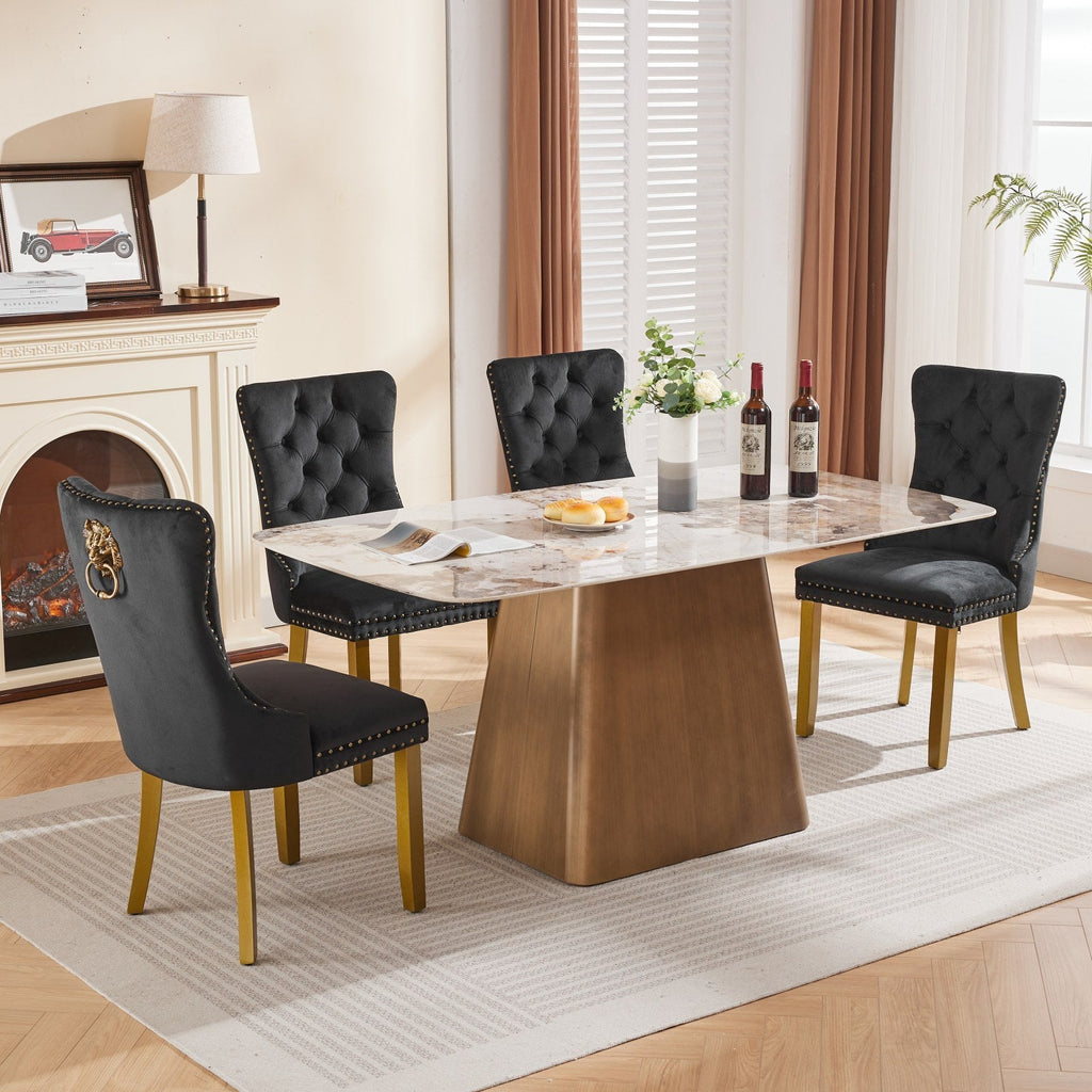 Mid-Century Velvet Dining Chairs with Lion Head Pull Ring (Set of 2)