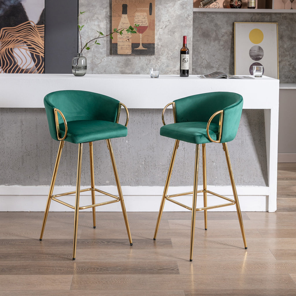 Velvet Bar Stools with Chrome Footrest and Base（Set of 2)