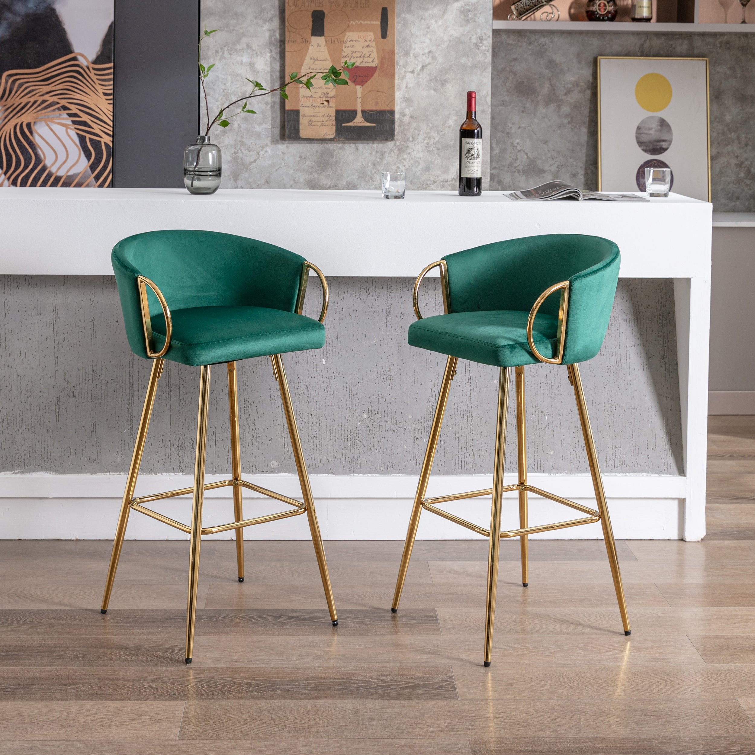 Velvet Bar Stools with Chrome Footrest and Base（Set of 2)