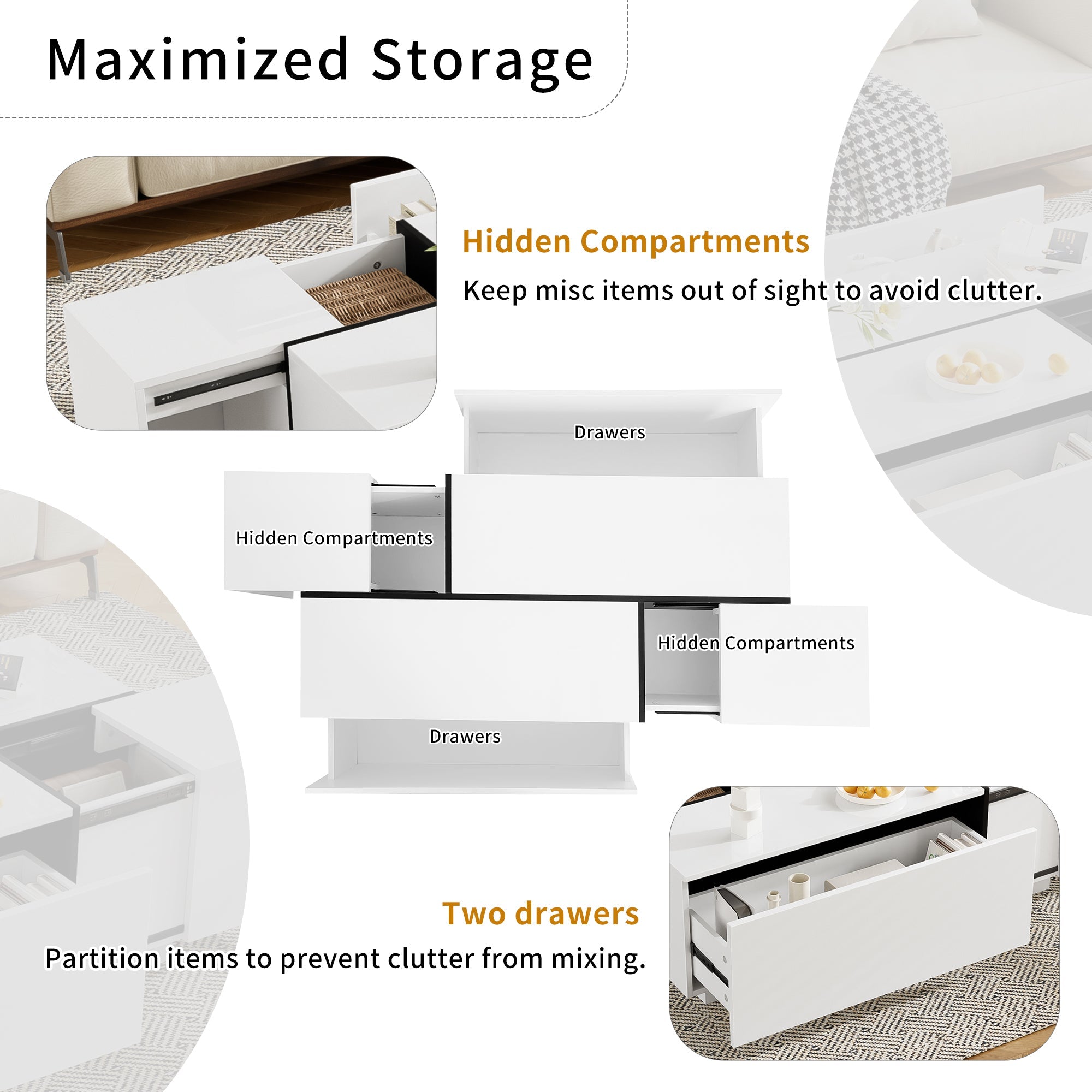 Multi-Functional Extendable Coffee Table with 2 Storage Space and Drawers