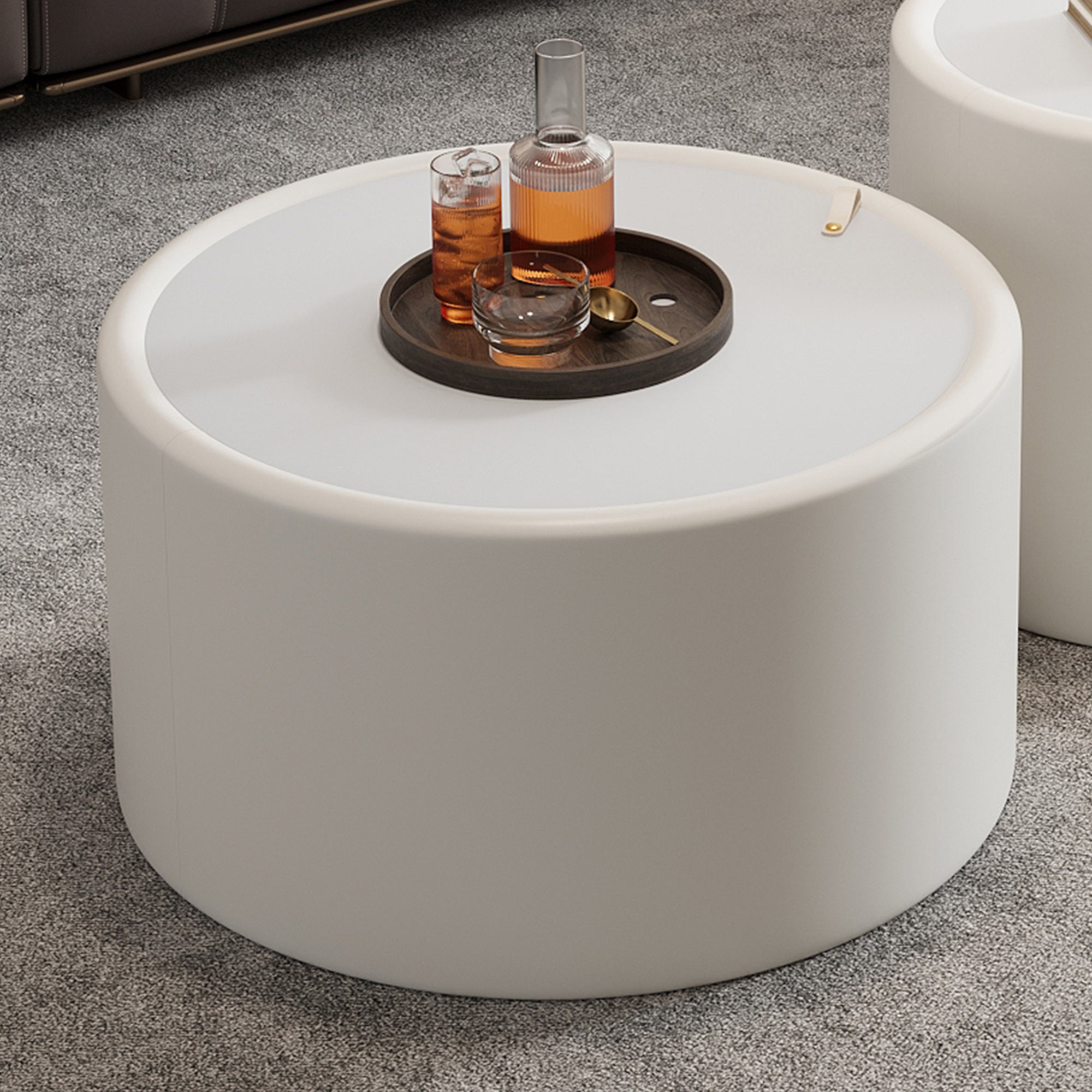 28“  PU Leather Round Coffee Table with Tempered Glass Top