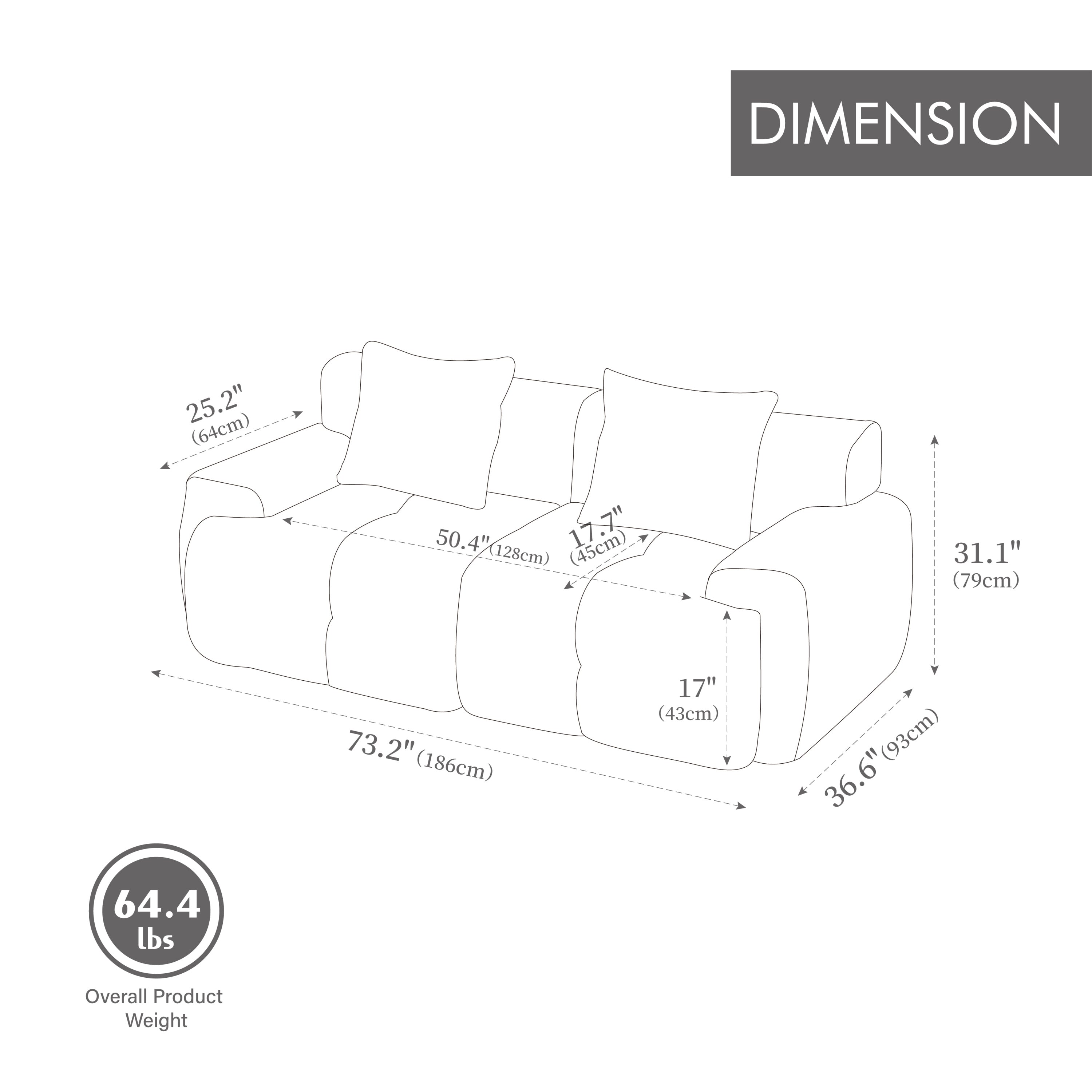 73' Sectional Cloud Convertible Floor Couch with 2 Pillows