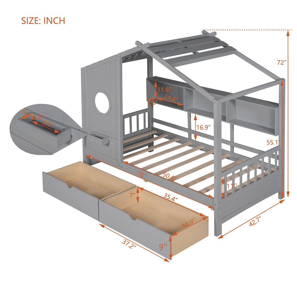 Wooden Twin Size House Bed with 2 Drawers