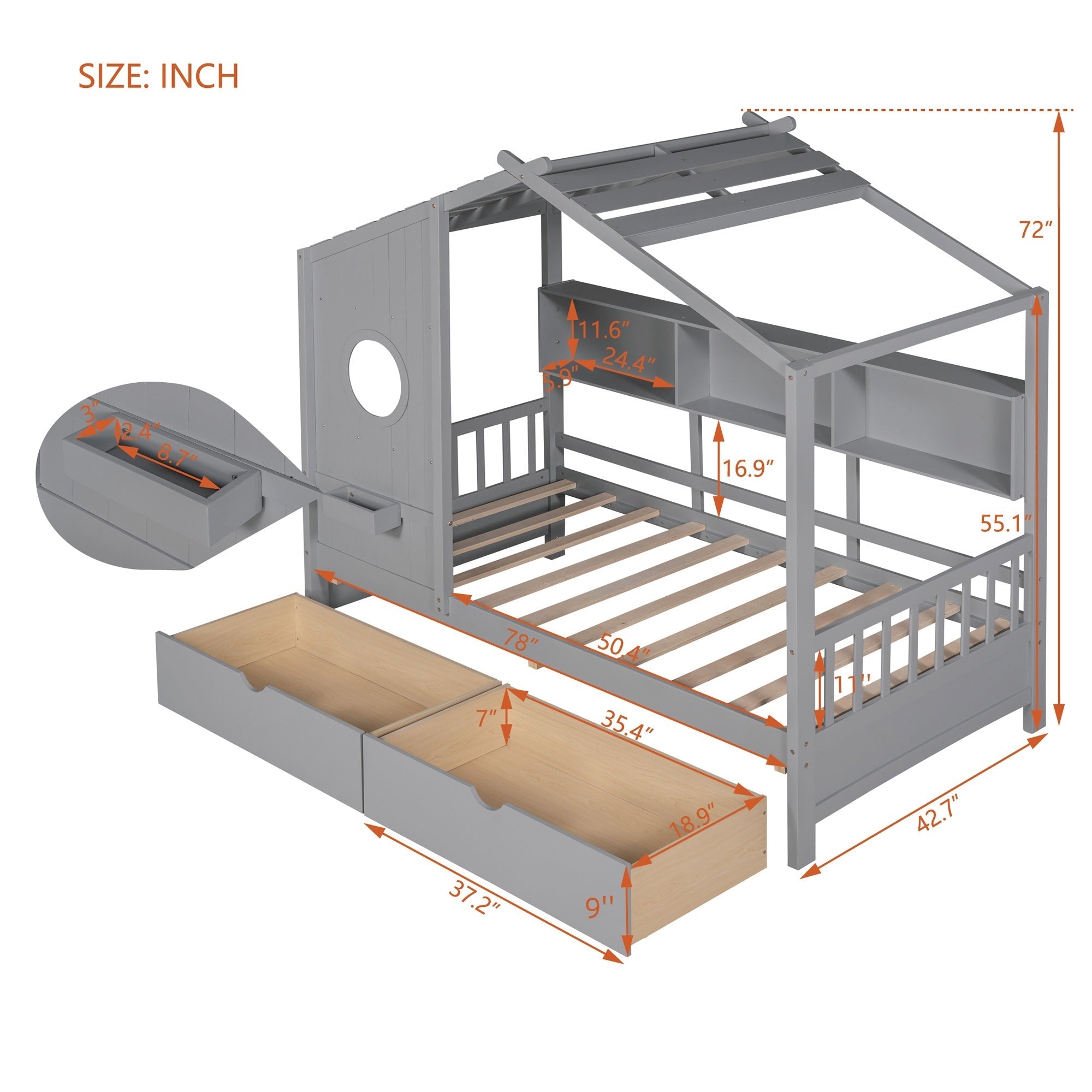 Wooden Twin Size House Bed with 2 Drawers