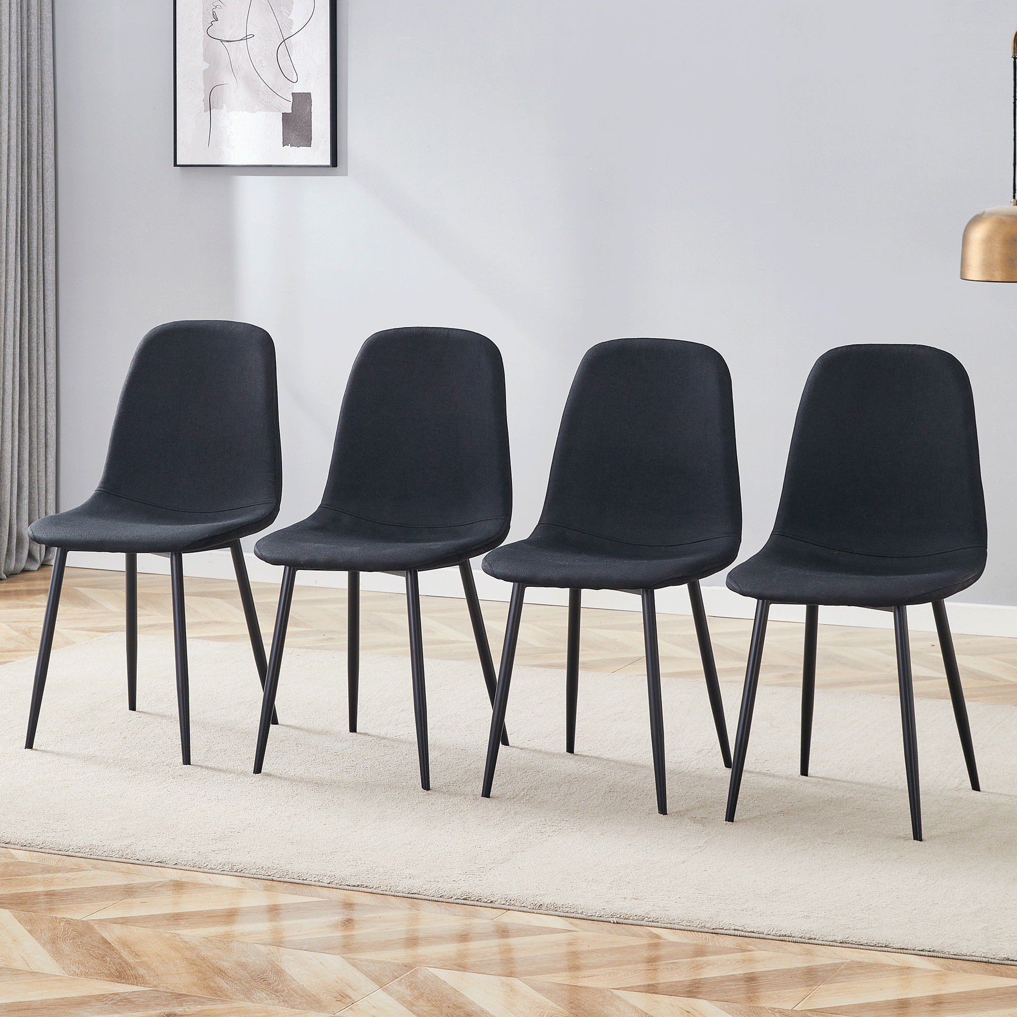 Luxury Simple Chair Black Linen Dining Chair  (Set of 4)