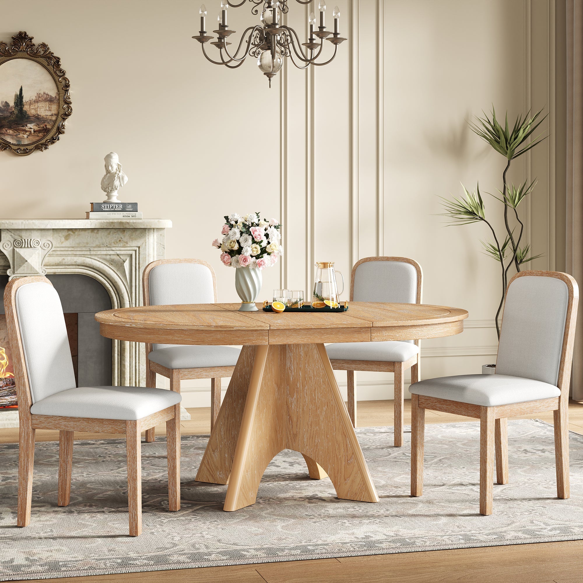 Vintage Extendable Dining Table Set with 4 Upholstered Chairs