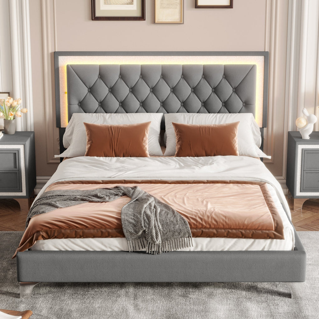 Queen Size Upholstered Bed Frame with LED Lights