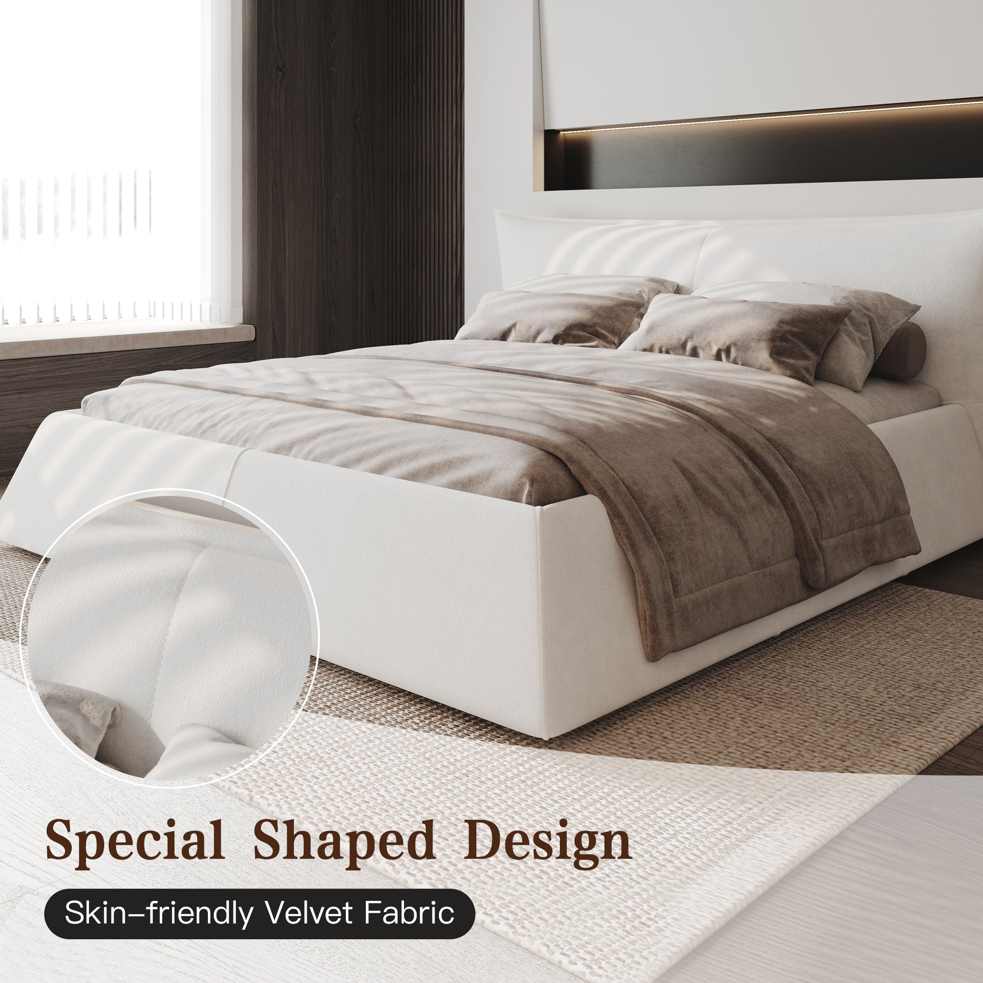 Queen Size Upholstered Platform Bed with Velvet Headboard