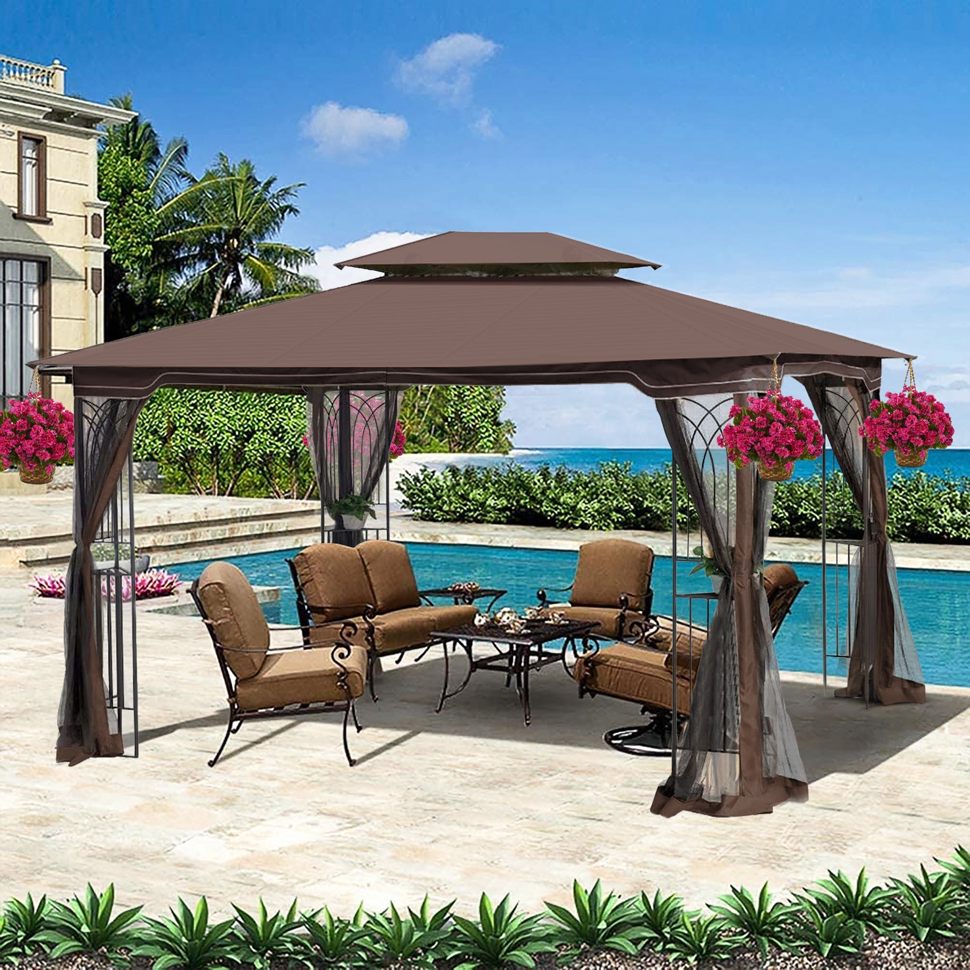 Patio Gazebo Tent with Ventilated Double Roof and Mosquito Net for Backyard or Garden