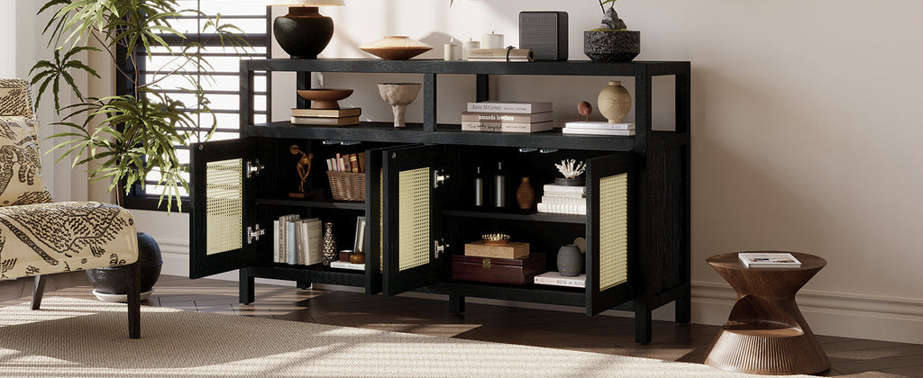 Bohemian Style Rattan Storage Cabinet with 3-position Adjustable Shelves