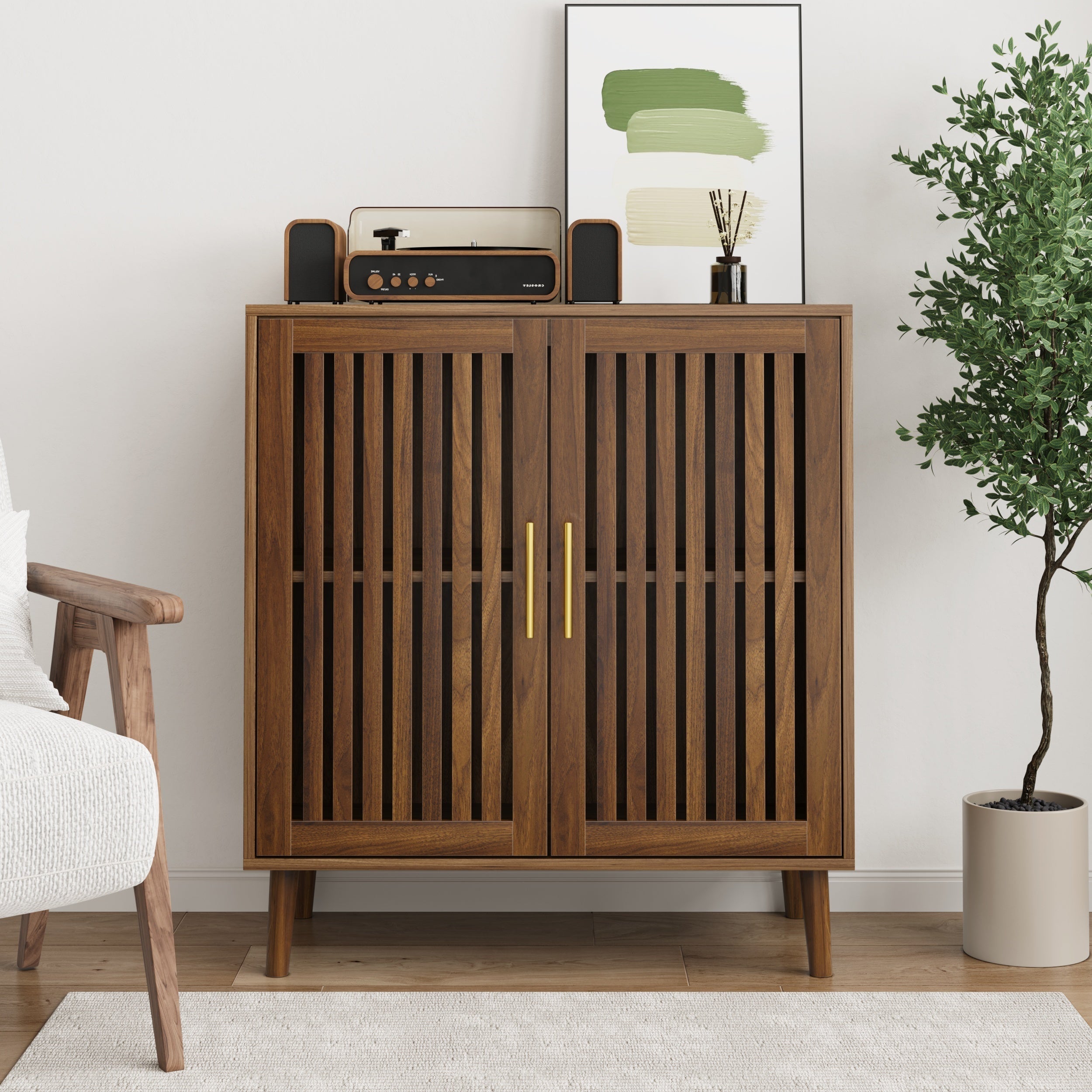 Farmhouse Walnut Sideboard Buffet Cabinet With Louvered Doors
